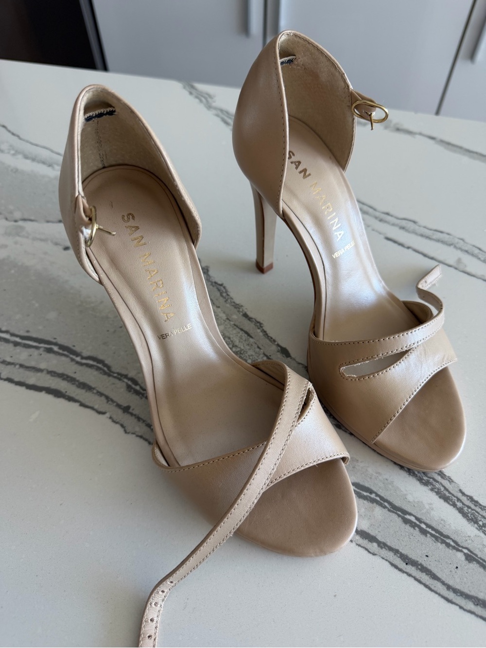 MARINA Beige Open-Toe Leather Ankle-Strap Heels